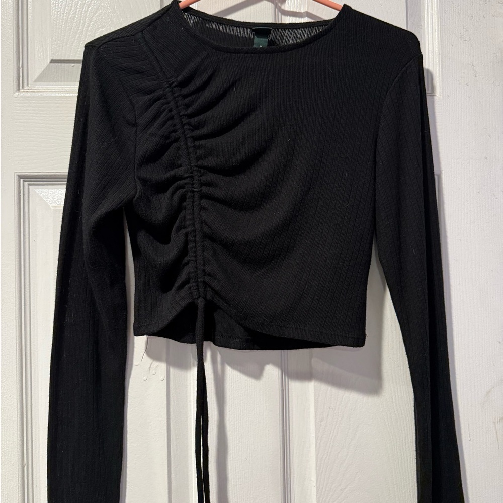 Wild Fable Black Ruched Long Sleeve Cropped Top
